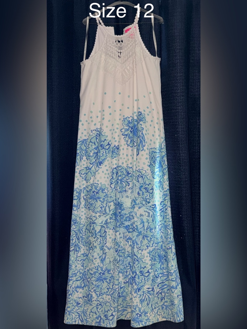 Lilly Pulitzer White & Blue Floral Maxi Dress with Crochet Yoke